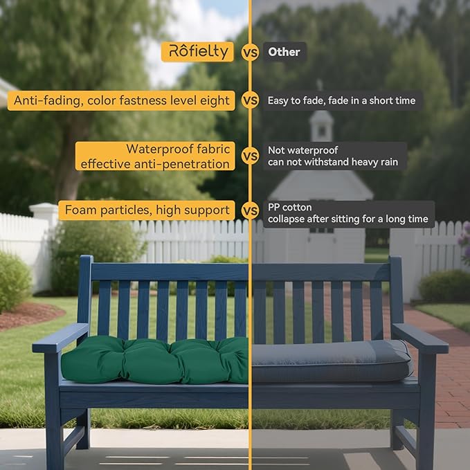 ROFIELTY Outdoor Bench Cushion, Waterproof/Sun-Proof Fabric, Tufted Bench Cushion with 2 Ties, Suitable for Outdoor Garden Bench/Swing/Indoor Furniture (Green, 42×16×4)