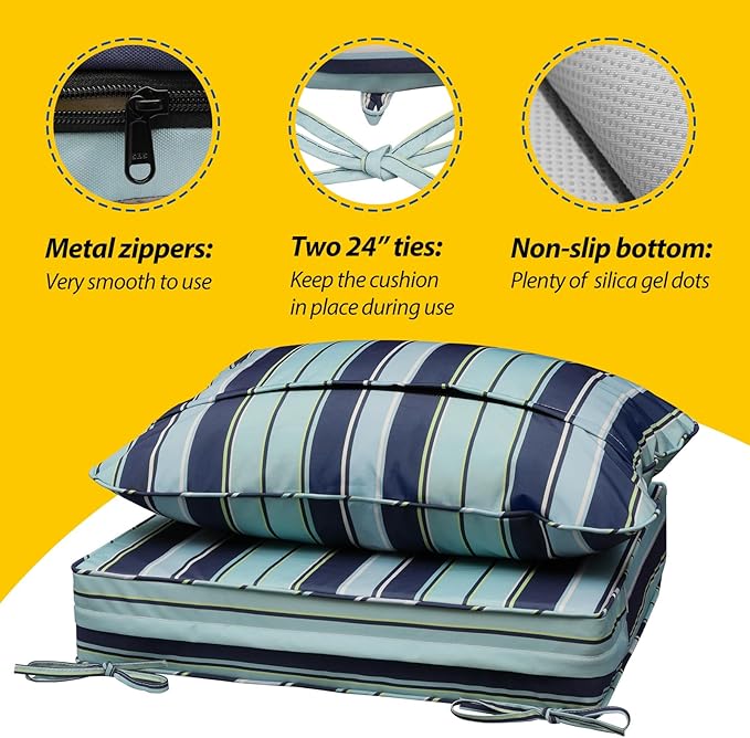 AAAAAcessories Outdoor Seat Cushions for Chairs, Fade-Resistant, Waterproof Patio Furniture Replacement Cushions, 20" x 18" x 3" + 20" x 17", Ash Teal Seaside Stripe