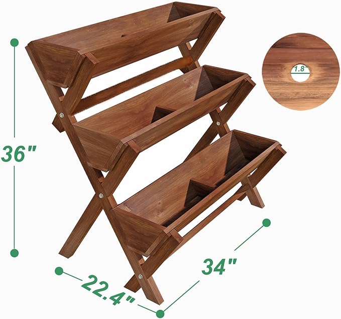 3 Tier Vertical Garden Planter,Raised Garden Bed,Planter Box,Fir Wood Freestanding Elevated Herb Stand Tower,Flower Strawberry Vegetable with Drain Holes,35x22x36 Inches, for Outdoor,Brown