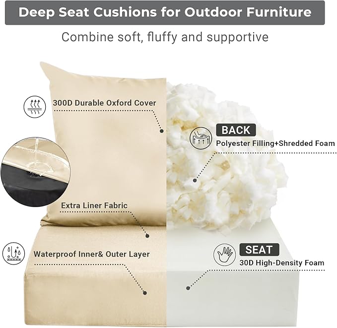 Outdoor Cushions for Patio Furniture,Outdoor Seat Cushion Set 24 x 24 x 4 Inch,Waterproof & Fade Resistant Outdoor Chair Cushions,Deep Patio Chair Cushion with Removable Cover,Beige