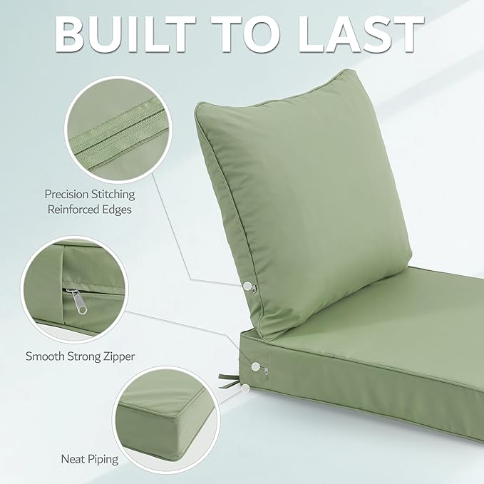 24x24 Inch Outdoor Chair Cushion with Removable Cover, Patio Furniture Cushion - Water-Repellent, Fade-Resistant, Non-Slip Bottom & Straps, Replacement for Deep Seat Sofa & Couch - Sage Green