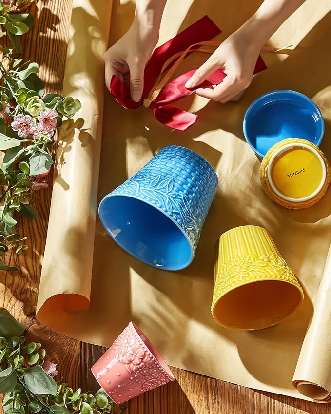 Ceramic Plant Pots, 5.8 Inch Flower Pots for Indoor Plants, Planters with Drainage Hole & Saucer, Garden Planters for Succulent, Orchid, Cactus, Home Decor, Set of 4, Assorted Colors