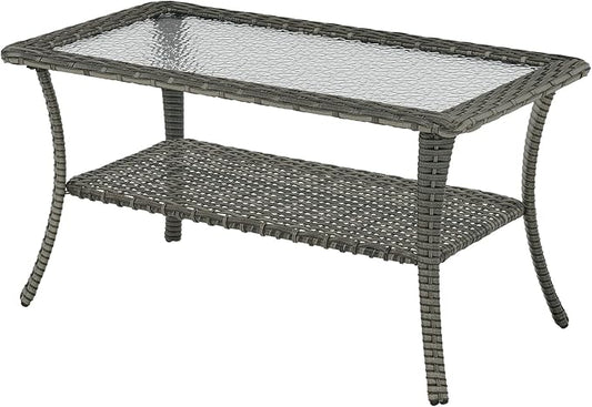 Patio Coffee Table Wicker Table Outdoor PE Rattan Glass Top Table with Storage Shelf Rectangle Patio Outdoor Coffee Table for Patio Garden Balcony Porch Deck Poolside, Grey