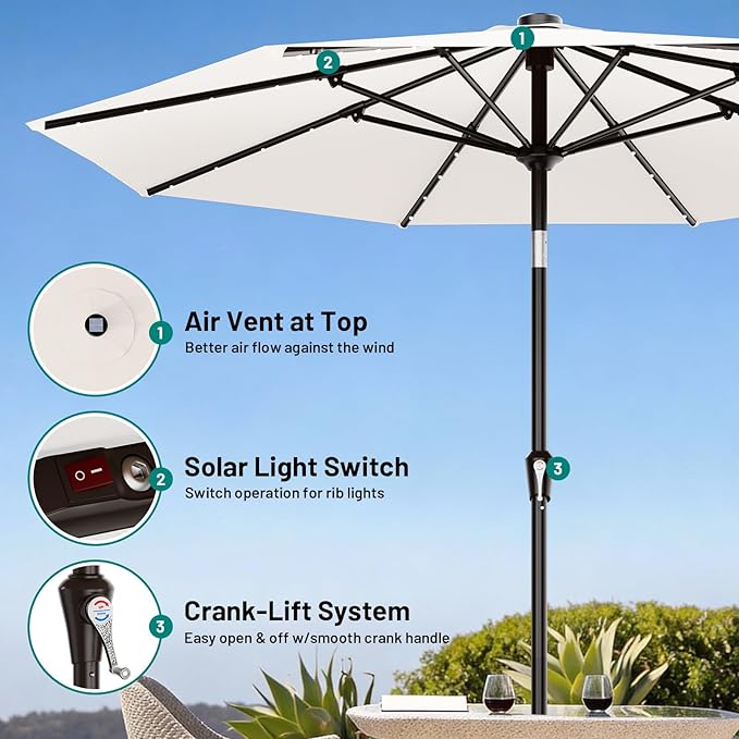 AreShark 9FT Patio Umbrella with Solar Lights, 32 LED Lighted Pool Umbrella w/Tilt and Crank, Outdoor Market Solar Umbrellas for Garden, Deck, Backyard, Pool and Beach, Cream-White