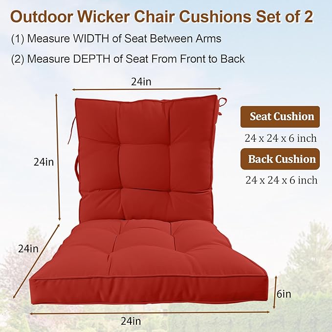 2 Piece Outdoor Patio Chair Cushions, Fade Resistant Outdoor Cushions for Patio Furniture, 6 inch Thickened Rocking Chair Cushions Set (Red, 24x24x6 inch - 2 Pieces)
