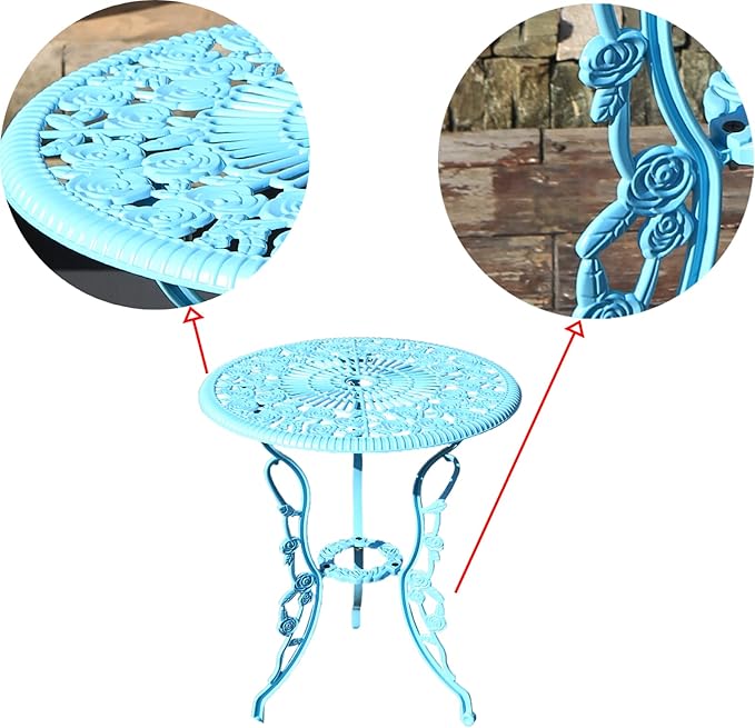 KAILI Outdoor Furniture Bistro Set with Rose Pattern 1 Table 2 Chairs for Garden Patio Porch (Rose-Light Blue)