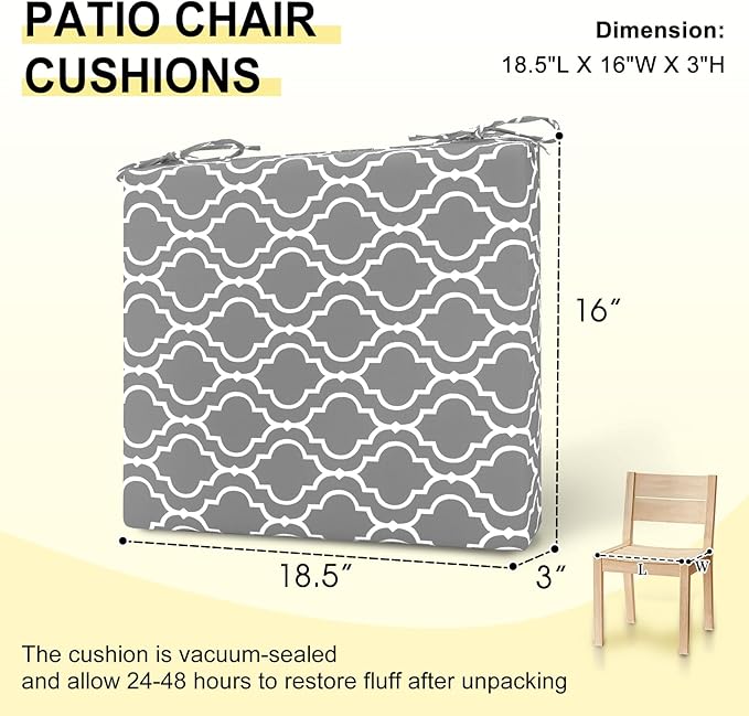 downluxe Outdoor Chair Cushions Set of 4 for Patio Furniture, Water-Resistant Square Corner Patio Chair Cushions with Ties, High Density Foam Outdoor Seat Cushion, 18.5" X 16" X 3", Grey Gourd