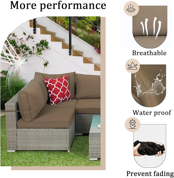 14 Pieces Outdoor Sectional Replacement Cushions for Patio Furniture, 4in Thick Outdoor Sofa Cushions for 6 Seat, Waterproof Deep Seat Couch Patio Cushion Set (Khaki)