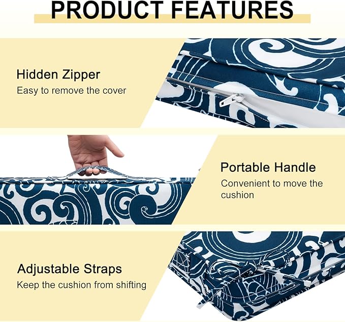 downluxe Outdoor Chair Cushions Set of 4, Waterproof 19" x 19" x 3" Patio Chair Cushion with Non-Slip Ties & Handle, Square Outdoor Cushion for Patio Furniture with Removable Cover, Blue Carp