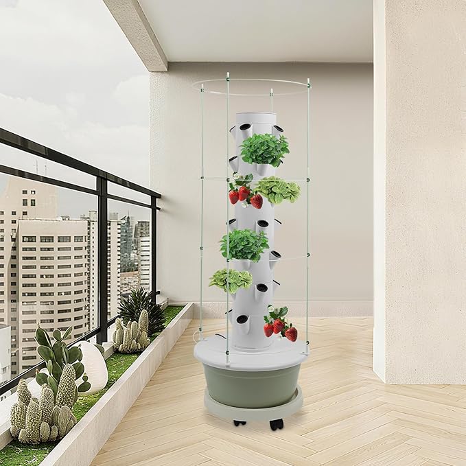 Hydroponic Growing Tower with Climbing Trellis, 30L Water Tank & Automatic Timer, Indoor Outdoor Vertical Garden System for Vegetables Herbs Strawberries (Light Green - 28 Holes)