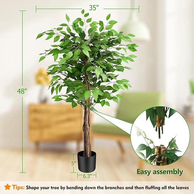 5ft Ficus Artificial Trees with Natural Curved Trunks, 60" Tall Lush Faux Tree for Home Decor Indoor, Green Lifelike Fake Ficus Tree Artificial Plants