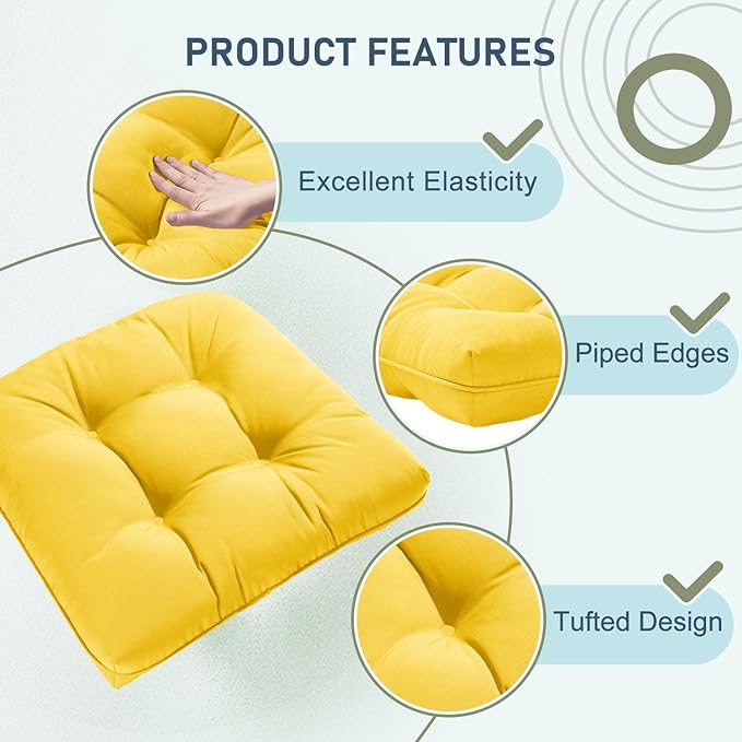 downluxe Outdoor Chair Cushions Set of 2 for Patio Furniture, Waterproof Tufted Overstuffed Patio Furniture Cushions, Thick Outdoor Seat Cushion, 19" X 19" X 5", Yellow