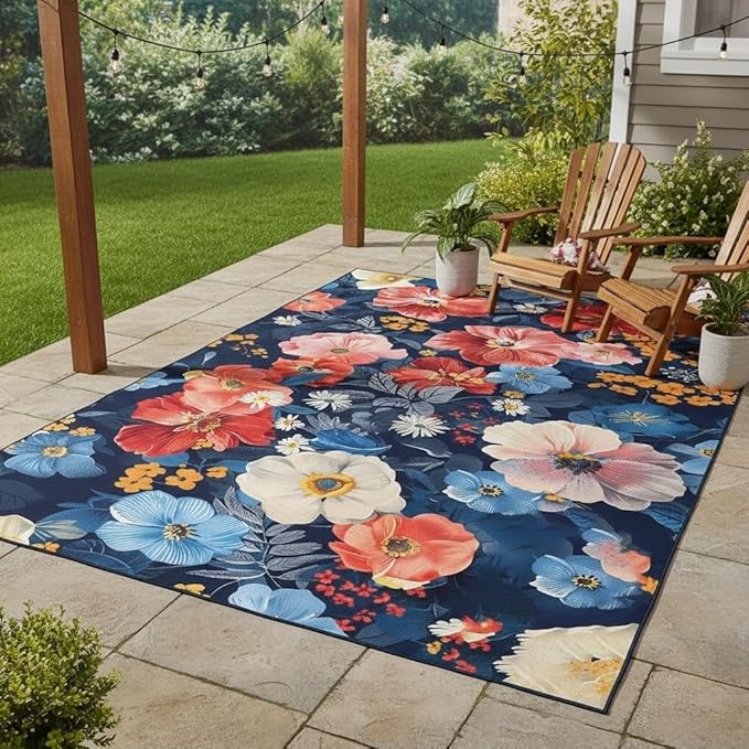 Vintage Floral 4x6 Outdoor Area Rug Country Rustic Navy Blue Red Pink Flower Pattern Outdoor Rug for Garden Backyard Balcony Patio Deck Washable Quick Dry Thin Carpet Waterproof Picnic Camping Mat
