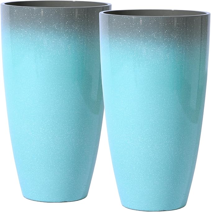 Planters for Outdoor Plants, Large Outdoor Plastic Grey to Azure Gradient Tall Flower Pots 2Pack, Patio Decor Unbreakable Resin, Lightweight Planter