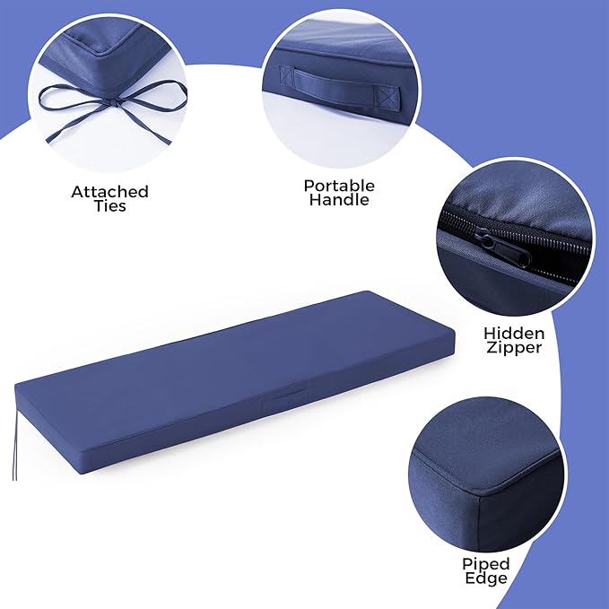 Outdoor Bench Cushions for Outdoor Furniture, 48x18x3 Inch, Waterproof Bench Pillow, Fade Resistant Long Bench Seat Pads for Garden, Indoor, Porch Swing, Navy Blue