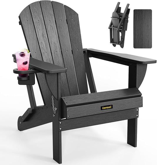 Carauci Plastic HDPE Adirondack Chair, Folding Adirondack Chair Weather Resistant with Cup Holder, Wooden Textured Fire Pit Outdoor Chair for Garden, Porch, Lawn, Backyard, Supports 380LBS, Black