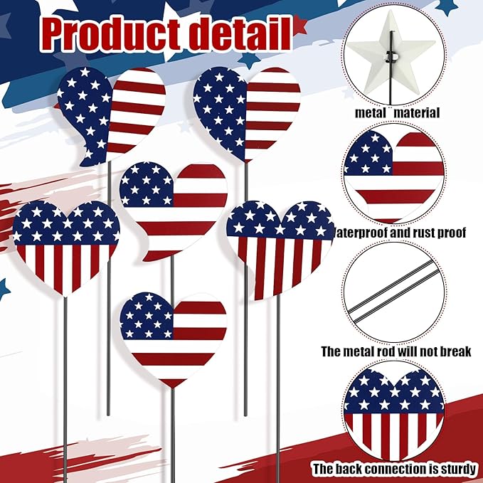 Pickmesh 6 Pcs 12" H Patriotic Metal Yard Sign Patriotic Heart Garden Stake 250th Anniversary USA Flag American Yard Sign for Memorial Day Outdoor Decor 4th of July Independence Day Decoration
