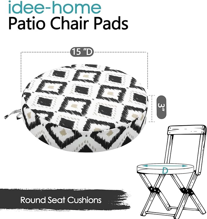 idee-home Outdoor Bistro Chair Cushions, 15”x15”x 3” Thick Outdoor Round Seat Cushions Set of 2 with Ties, Waterproof Round Patio Furniture for Garden
