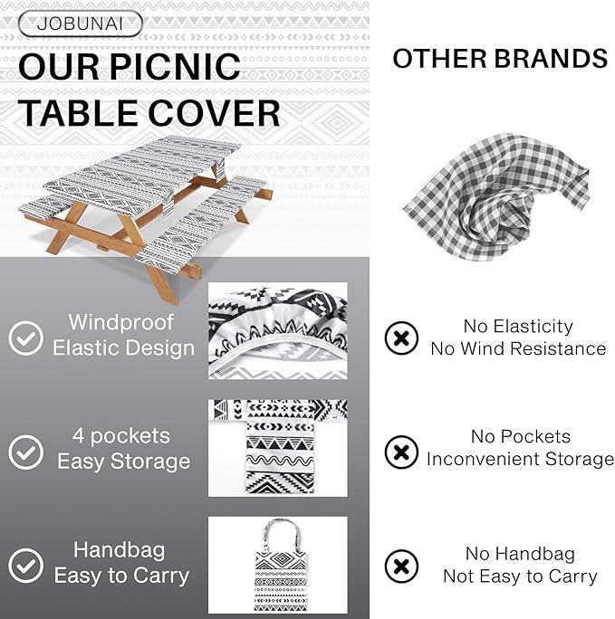 Picnic Table Cover with Bench Covers Fitted Waterproof Large Camping Tablecloth with Elastic for 8 Foot Tables Outdoor Travel RV Essentials Summer Vacation Accessories Fun Gifts for Couples