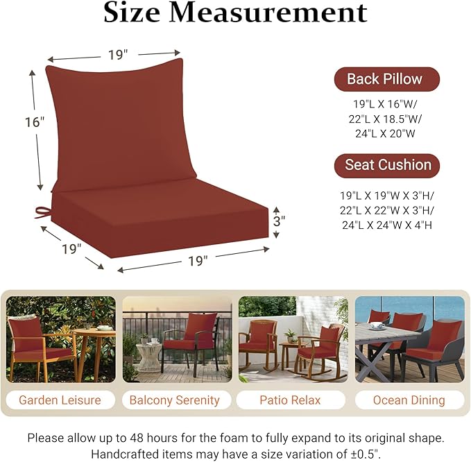 downluxe 19x19 Outdoor Chair Cushions, Waterproof Fade Resistant Patio Furniture Cushions with Handle & Removable Cover, Deep Seat Outdoor Cushions for Sofa, Couch and Patio Chairs, Brick Red