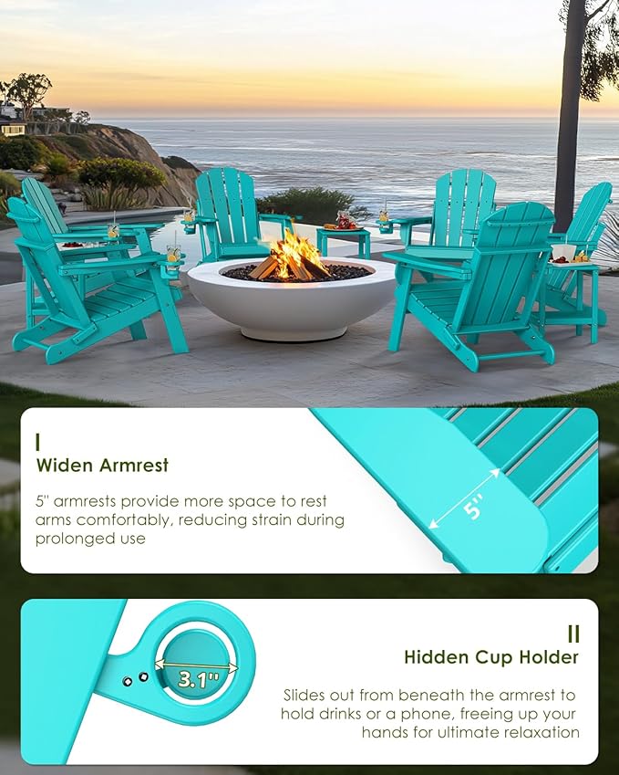GREENVINES Folding-Adirondack-Chairs-Set-of-4 | HDPE All-Weather | Firepit Chair | Cup Holder | Aqua | for Campfire Deck Backyard Patio Outdoor Poolside Lawn