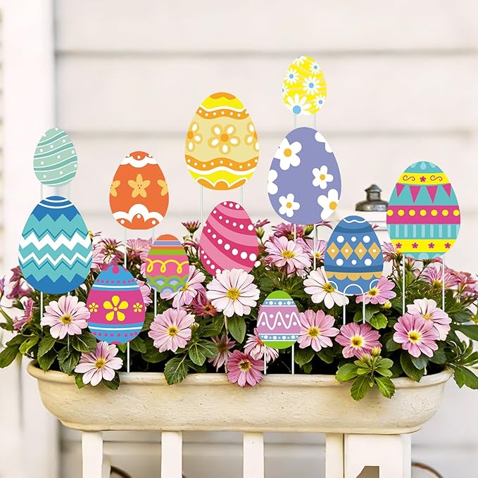12 Pcs Easter Planter Stakes Egg Shaped Garden Signs Outdoor Decorations Decorative Cute Colorful Egg Yard Stakes for Easter Party Home Outside Potted Planter Lawn Patio Porch Supplies