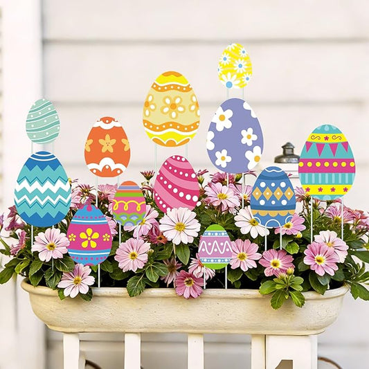 12 Pcs Easter Planter Stakes Egg Shaped Garden Signs Outdoor Decorations Decorative Cute Colorful Egg Yard Stakes for Easter Party Home Outside Potted Planter Lawn Patio Porch Supplies