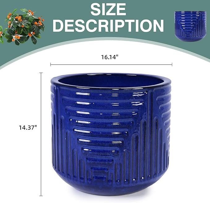 16 Inch Large Ceramic Planters for Indoor Plants, Outdoor Garden Plant Pots with Drainage Hole, 16" Round Decorative Pot for Patio, Floor, Home Decor - Dark Blue