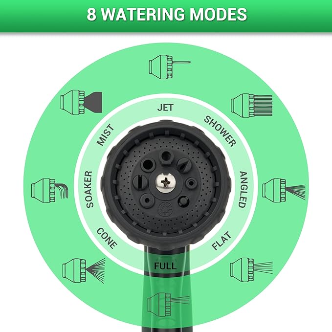 NGreen Garden Hose Sprayer Nozzle - Water Spray with 8 Adjustable Patterns, Impact Resistant and Non-Slip for Watering Plants, Pets Bathing and Cleaning,Car Washing (Green)