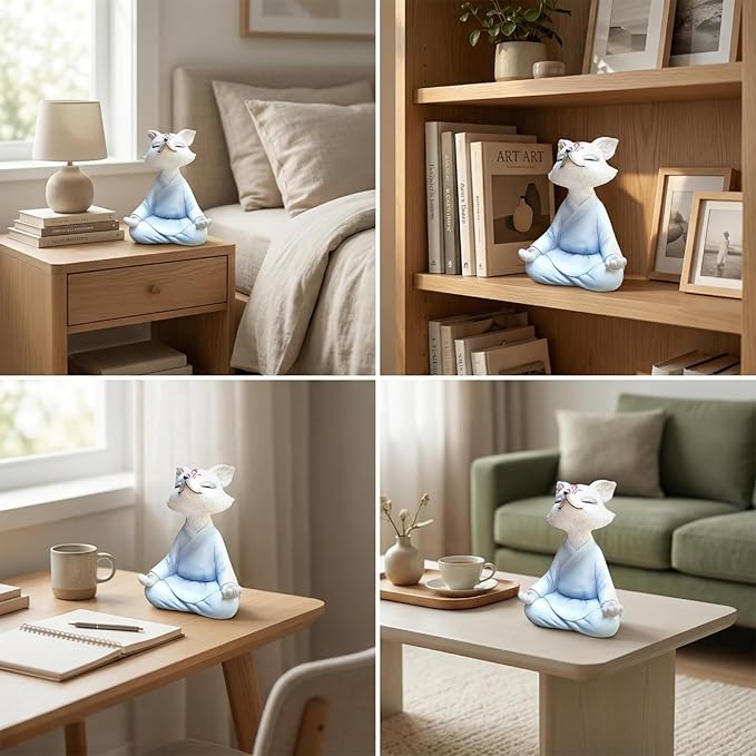 Meditating Buddha Fox Statue Resin Zen Animal Sculpture Yoga Figurines Indoor Outdoor Fengshui Decor for Patio Garden Yard Lawn Tabletop Planter Ponds Pot Bookshelf Ornaments Gifts White