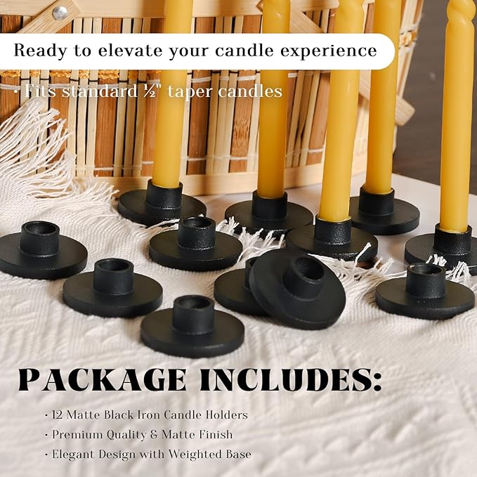 12 PCS Black Iron Thin Taper Candle Holders for 1/2 Inch Candles – Small, Skinny, Mini Tapered Candle Holders for Chime, Spell, Church Candles