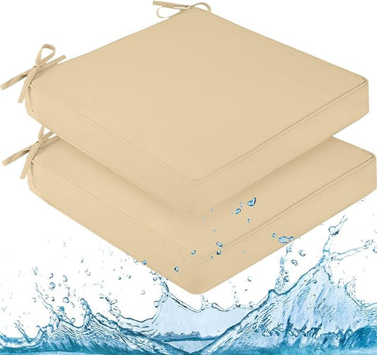 downluxe Waterproof Outdoor Chair Cushions for Patio Furniture, 24" x 24" x 4" Patio Chair Cushion with Adjustable Ties & Portable Handle, Square Outdoor Cushion with Removable Cover, Beige, 2 Pack