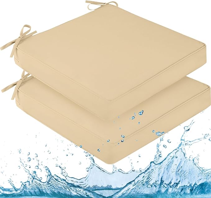 downluxe Waterproof Outdoor Chair Cushions for Patio Furniture, 22" x 22" x 3" Patio Chair Cushion with Adjustable Ties & Portable Handle, Square Outdoor Cushion with Removable Cover, Beige, 2 Pack