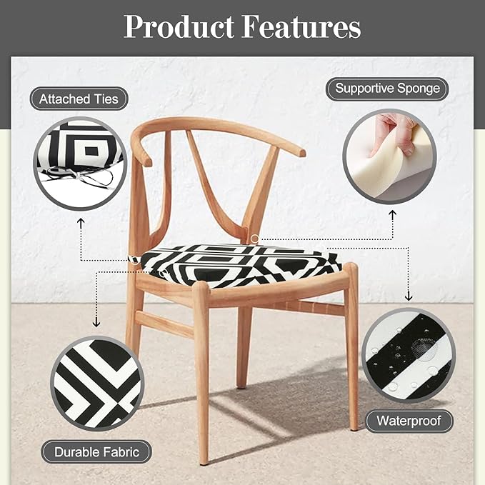 Cozyide Outdoor Chair Cushions, Waterproof Patio Seat Cushions with Adjustable Straps, Round Corner Patio Chair Cushions for Garden, Black Geometry, 17x16x2 Inch (Pack of 2)