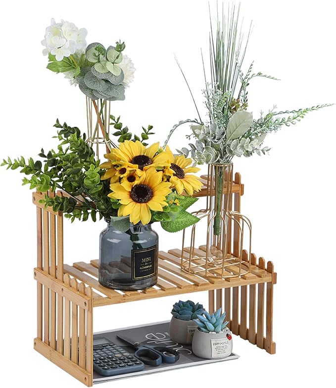 14.6"/18.5" 2 Tiers Bamboo Plant Stand Shelf,Desk Flower Pot Holder,Adjustable Desktop Shelf Display Organizer Ladder Rack for Office Decorate Storage Rack,Kitchen Rack (14.6" Length)