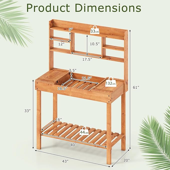 Giantex Potting Bench Table, Outside Solid Wood Gardening Table with Flip-up Tabletop, Storage Shelves, Indoor Outdoor Wooden Workstation for Patio Porch Balcony, Potted Plant Display Rack (Brown)