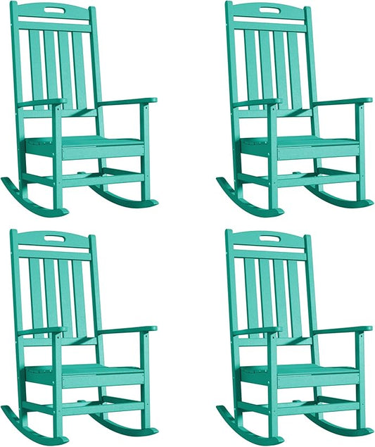 Outdoor Rocking Chair Set of 4, High Back Plastic Patio Rocking Chairs for Outside Porch Rocker Garden Lawn, All-Weather Resistant Poly Lumber Rocker Chair Outdoor, Aruba Blue