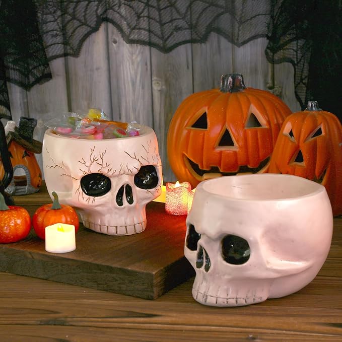 Sliner 2 Pcs Halloween Skeleton Skull Bowl and Cup - Figurine Candy Dish, Candle Holder, Planter Pot for Party Home Bar Decor