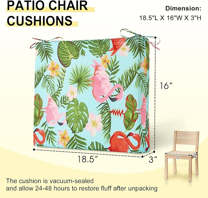 downluxe Outdoor Chair Cushions Set of 4 for Patio Furniture, Water-Resistant Square Corner Patio Chair Cushions with Ties, High Density Foam Outdoor Seat Cushion, 18.5" X 16" X 3", Tropical Flamingo