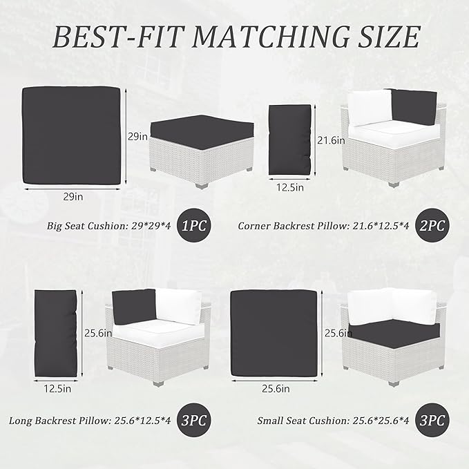 Outdoor Cushions for Patio Furniture with 5 Pillows, Waterproof Patio Furniture Cushions Replacement, 4" Deep Seat Outdoor Sectional Cushions for 4-seat Patio Furniture Chair Sofa Couch,Grey
