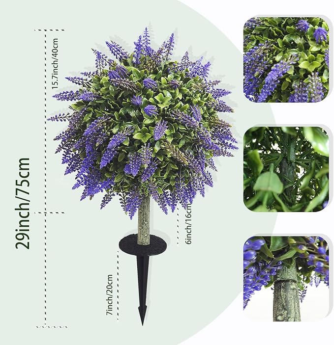 Artificial Boxwood Topiary Ball with Lavender, Set of 2 Artificial Shrub Bushes with Ground Spike, Fake Evergreen Tree for Porch, Artificial Plants for Outdoor Planters Indoor UV Resistant