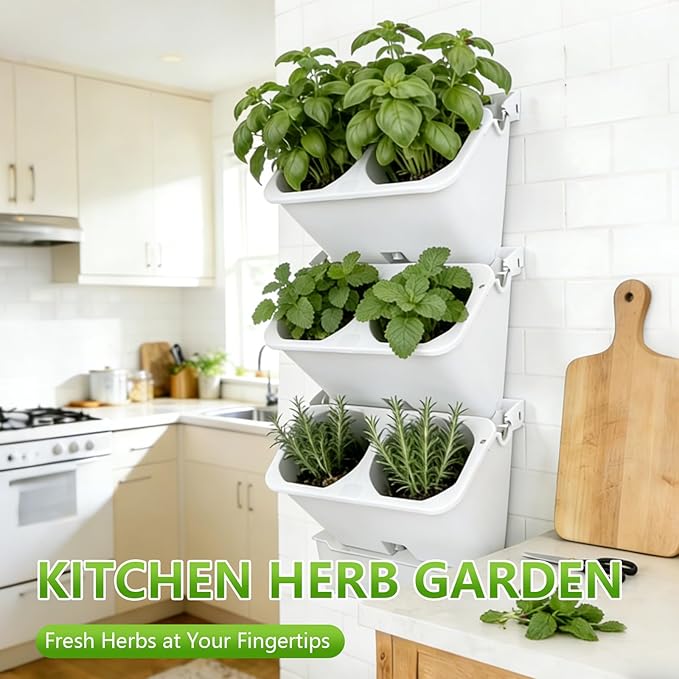 3-Tiers Vertical Wall-Mounted Planter with 6 Pots Vertical Garden Living Wall Planter Indoor Self-Watering Soil-Water Separation Stackable Plastic Planter for Herb Vegetable Flower Succulent (White)