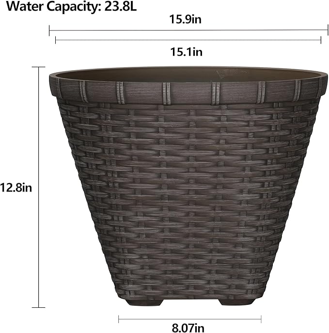 Wicker-Textured Resin Planter, 16" Floor-Standing Pot for Indoor & Outdoor Plants,Brown