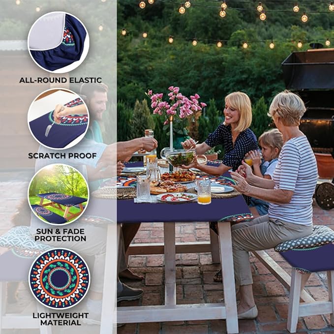 RNOONY 6ft Polyester Picnic Table Cover with Bench Covers Windproof & Waterproof Tablecloth, Perfect for Camping Gifts & RV Essentials, Cool Camping Gadgets, with Carrying Bag, 72x30 Inches, 4Pcs