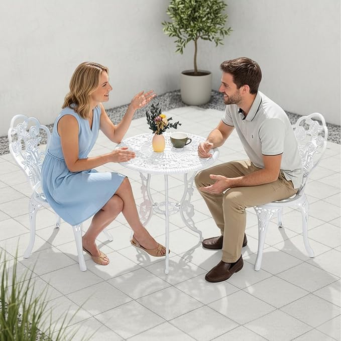 Outvita Patio Table and Chairs Set, Cast Aluminum Outdoor Cafe Table and Chairs Set of 3, Stability Patio Bistro Sets with Umbrella Hole for Garden, Patio, Balcony, Rose Pattern White
