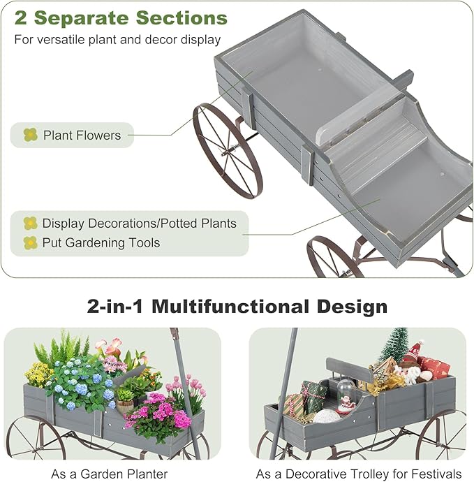 HAPPYGRILL Wooden Wagon Planter, 24.5” x 13.5” x 24” Decorative Garden Planter w/ 2 Planting Sections, Wheels, Handle, Small Decorated Cart, Flower Planter Box for Indoor Outdoor Patio (Grey)