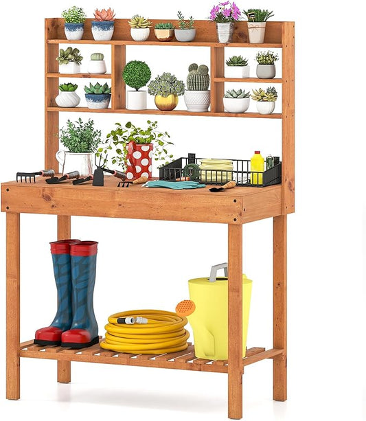 Giantex Potting Bench Table, Outside Solid Wood Gardening Table with Flip-up Tabletop, Storage Shelves, Indoor Outdoor Wooden Workstation for Patio Porch Balcony, Potted Plant Display Rack (Brown)