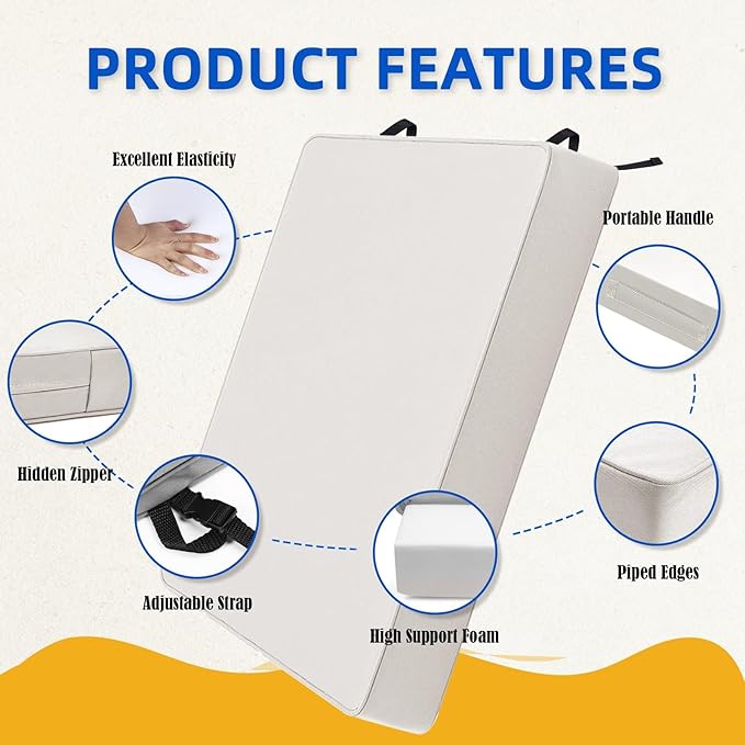 Waterproof Outdoor Seat Cushions 20x20x3 Inch, Patio Chair Cushions with Adjustable Straps & Handle, Fade-Resistant, Machine Washable, 2-Pack Light Grey