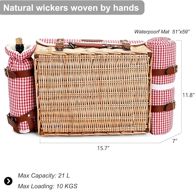 Multifunctional Wicker Picnic Basket Set for 4 with Blanket and Picnic Table, Insulated Picnic Set with Full Tablewares for Camping Outdoor Couples, Gingham