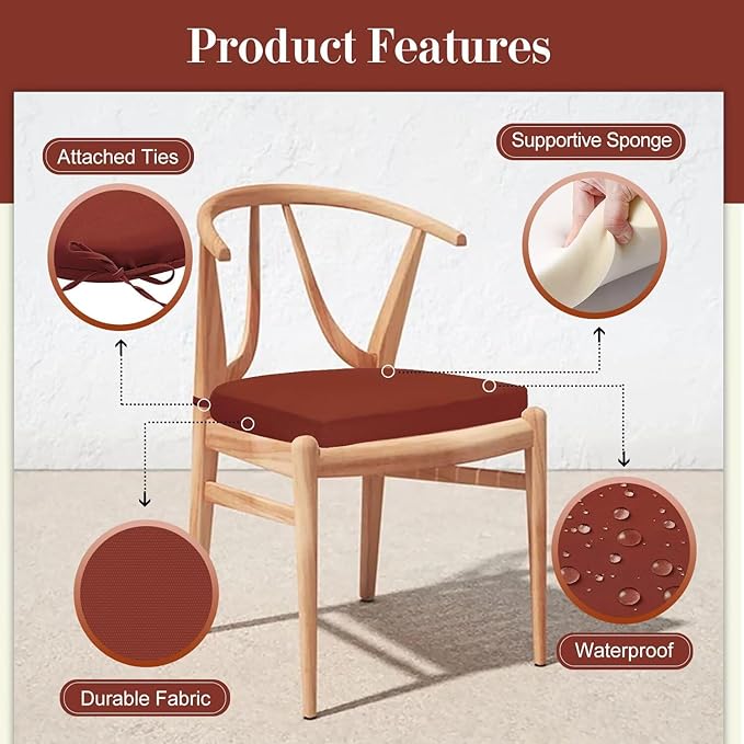 Cozyide Outdoor Chair Cushions, Waterproof Patio Seat Cushions with Adjustable Straps, Round Corner Patio Chair Cushions for Garden, Brick Red, 17x16x2 Inch (Pack of 4)